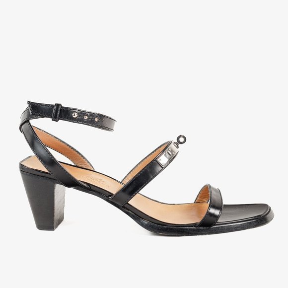 Hermes Leather Kelly Buckle Tapered Heel Black Leather Sandal, Size 6.5 - Picture 1 of 10
